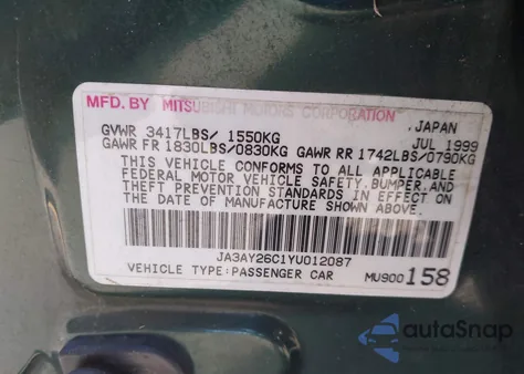 2000 Mitsubishi Mirage De z USA, uszkodzony, nr VIN JA3AY26C1YU012087